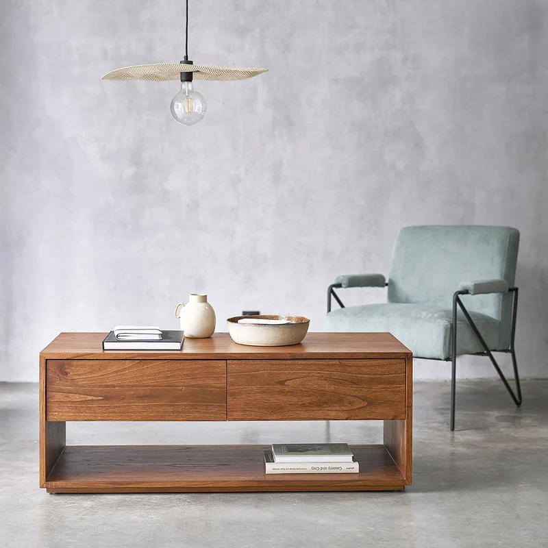 Table basse en mindi massif finition noyer 120 cm