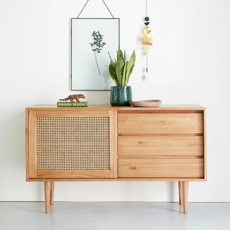 Commode en mindi massif et cannage 135 cm
