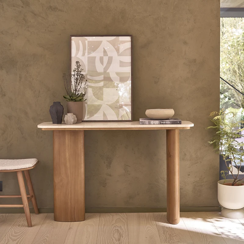 Console en teck massif et marbre 120 cm