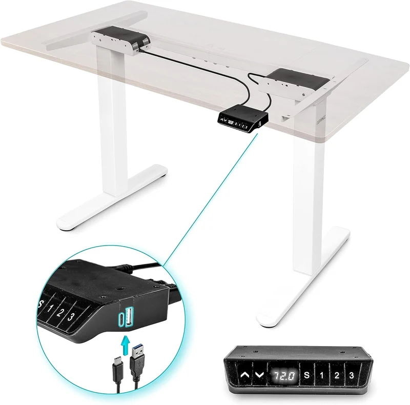Duronic TM61 WE Structure de Bureau Assis-Debout électrique | Hauteur Ajustable de 72 à 120 cm | Charge maximale de 80 kg | Plateau de 120 140 ou 160 cm vendu séparément | Ports USB et USB-C