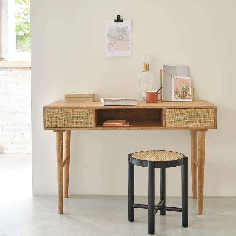 Bureau en manguier massif et cannage 120 cm