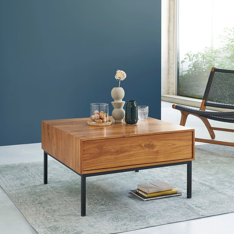 Table basse en teck massif et métal 70 cm