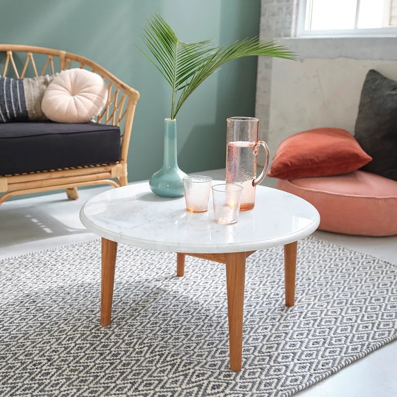 Table basse en marbre et teck massif Ø 70 cm
