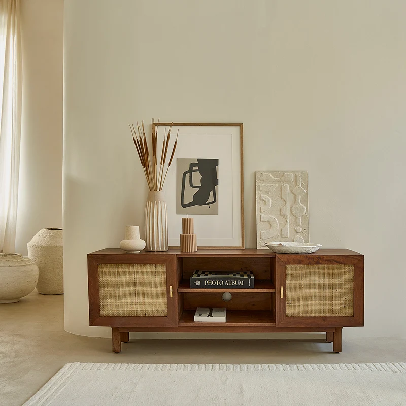 Meuble TV en manguier massif finition noyer et cannage 140 cm