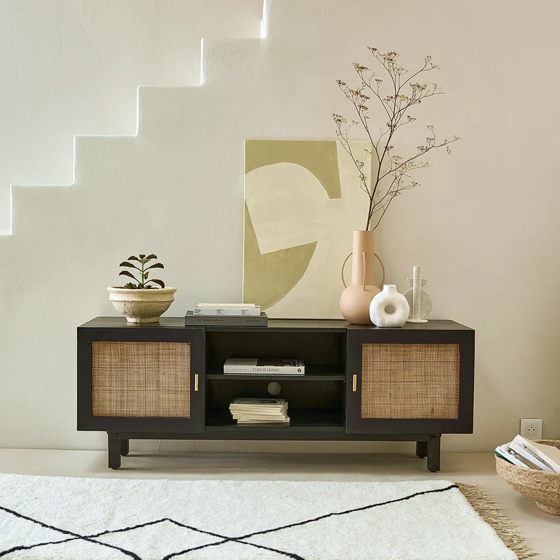 Meuble TV en manguier massif noir et cannage 140 cm