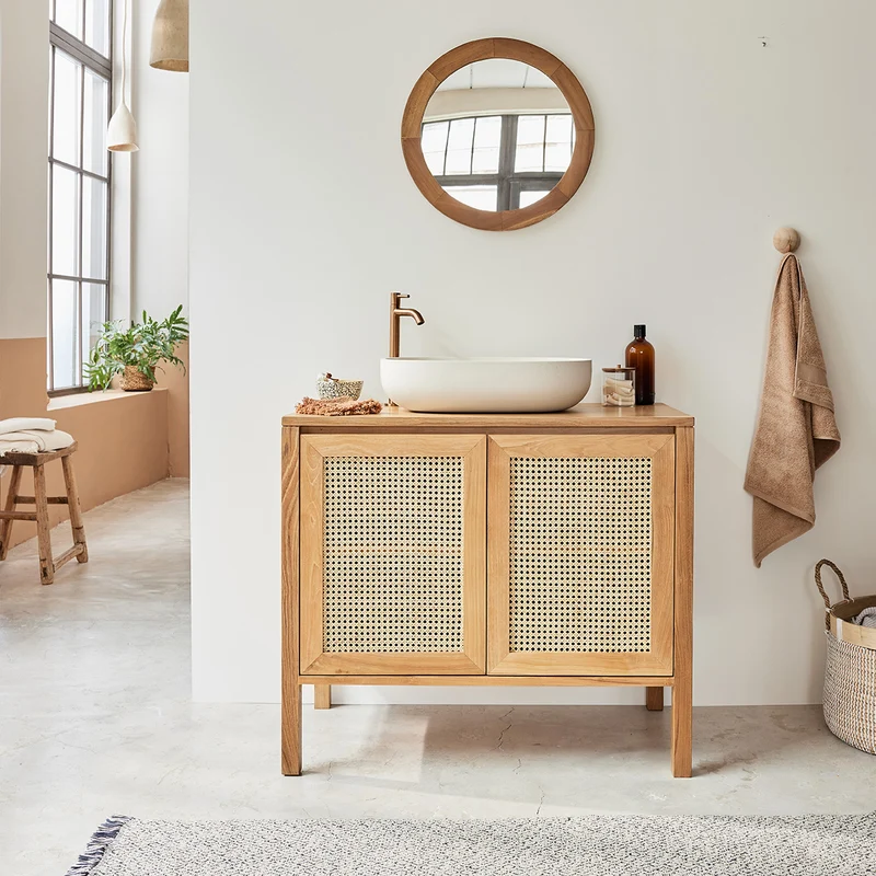 Meuble sous vasque en teck massif et cannage 90 cm