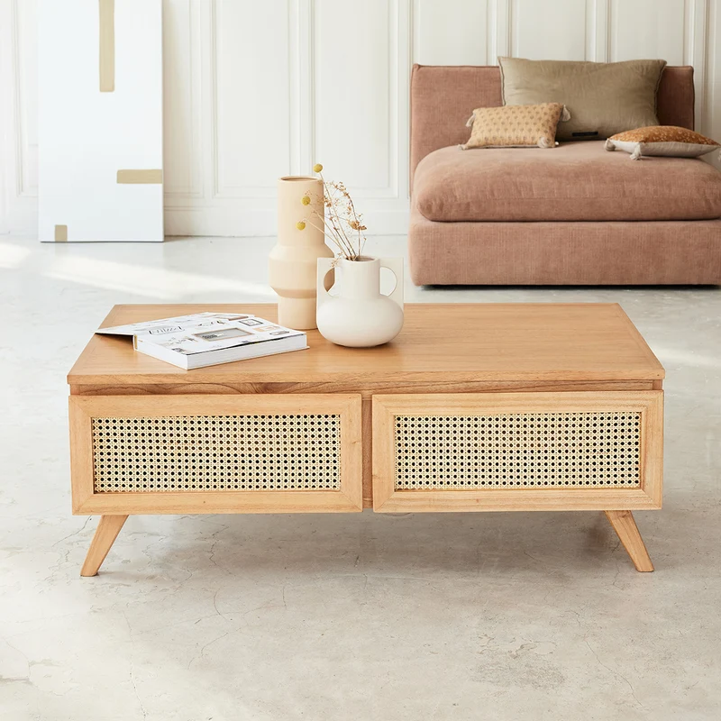 Table basse en mindi massif et cannage 110 cm