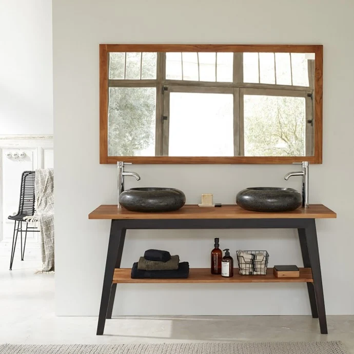 Meuble de salle de bain en teck massif pieds noirs 150 cm