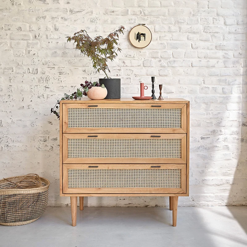 Commode en mindi massif et cannage 100 cm
