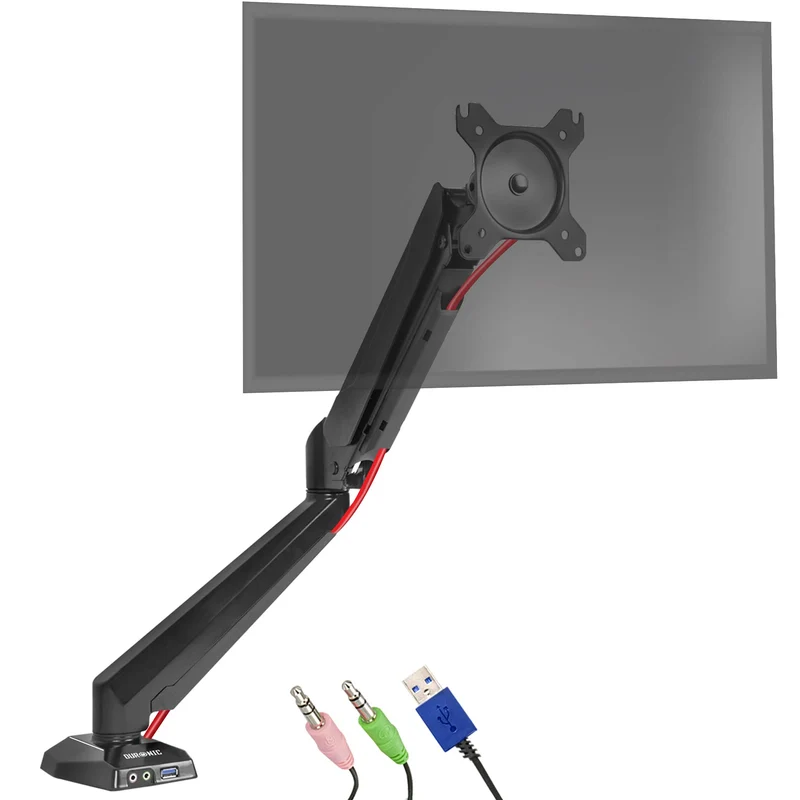 Duronic DMUSB5X1 Support d'écran à Pince pour Bureau | Mécanisme à gaz | Ajustements à la volée | Incorpore hub USB et Prise Jack pour Casque et Microphone | Compatibilité avec moniteurs VESA 75/100