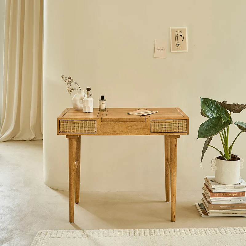Bureau en manguier massif et cannage 90 cm