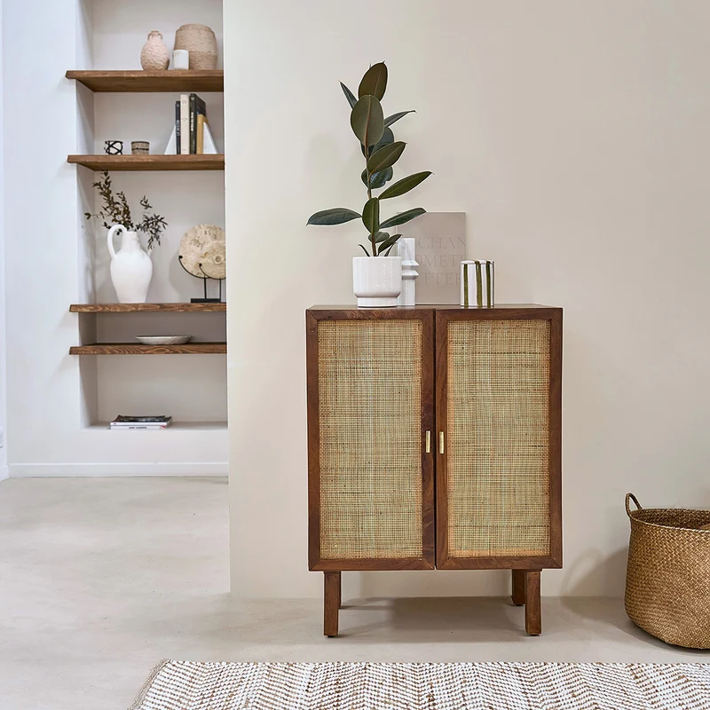 Buffet en manguier massif et cannage finition noyer 68 cm