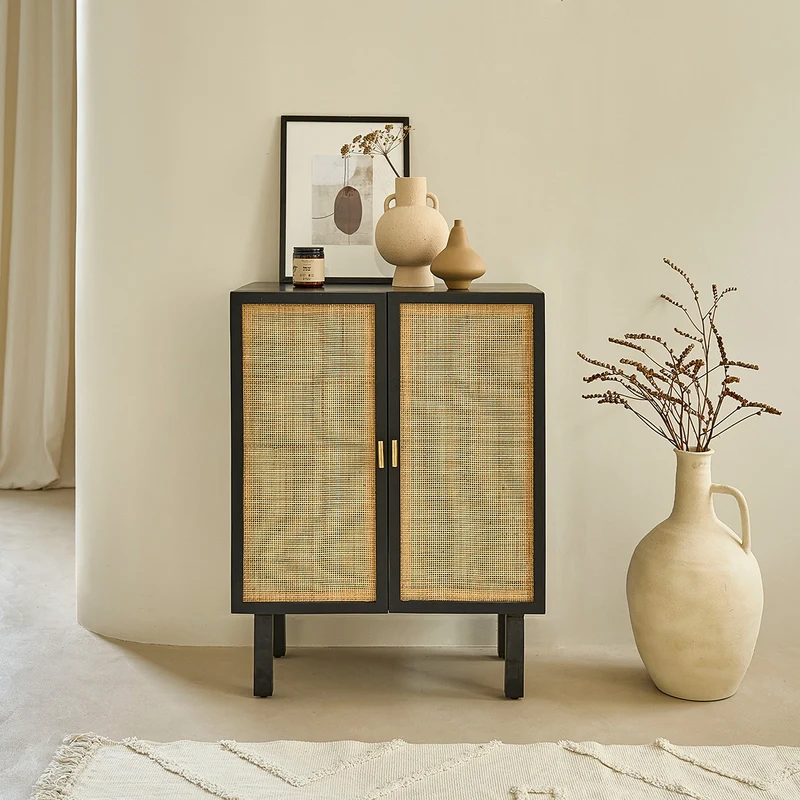 Buffet en manguier massif noir et cannage 68 cm
