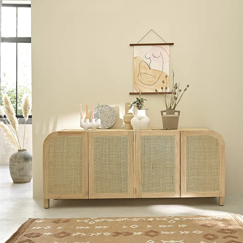 Buffet en mindi massif et cannage 190 cm