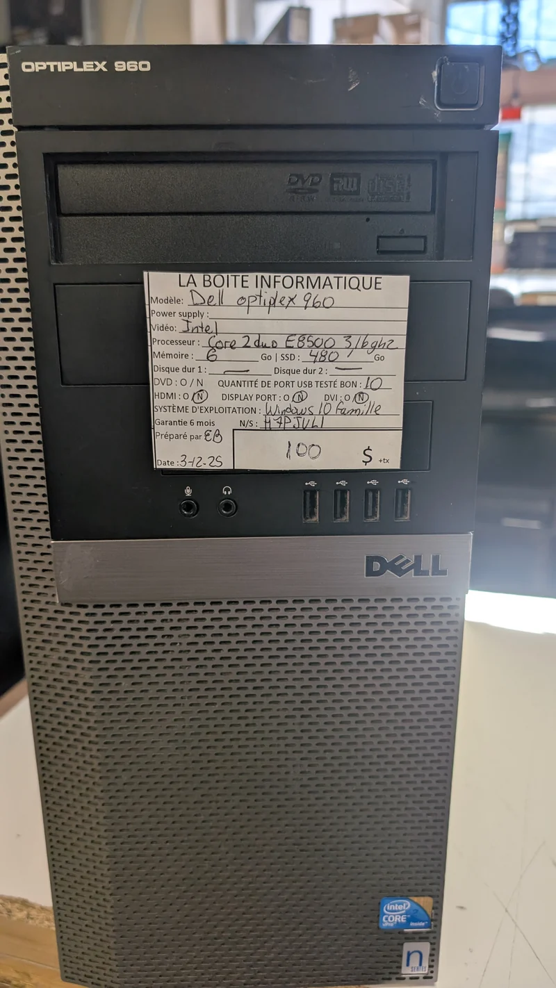 PC Desktop Dell OptiPlex 960 – SSD 480Go | 6Go RAM | DVD | Windows 10