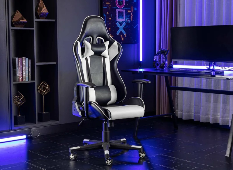 Fauteuil de bureau gaming en simili cuir noir et blanc LYHAM