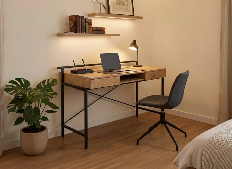 Bureau compact design industriel en bois et métal EDMOND
