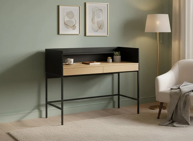 Bureau 2 tiroirs 1 étagère design industriel en bois et métal ALICE