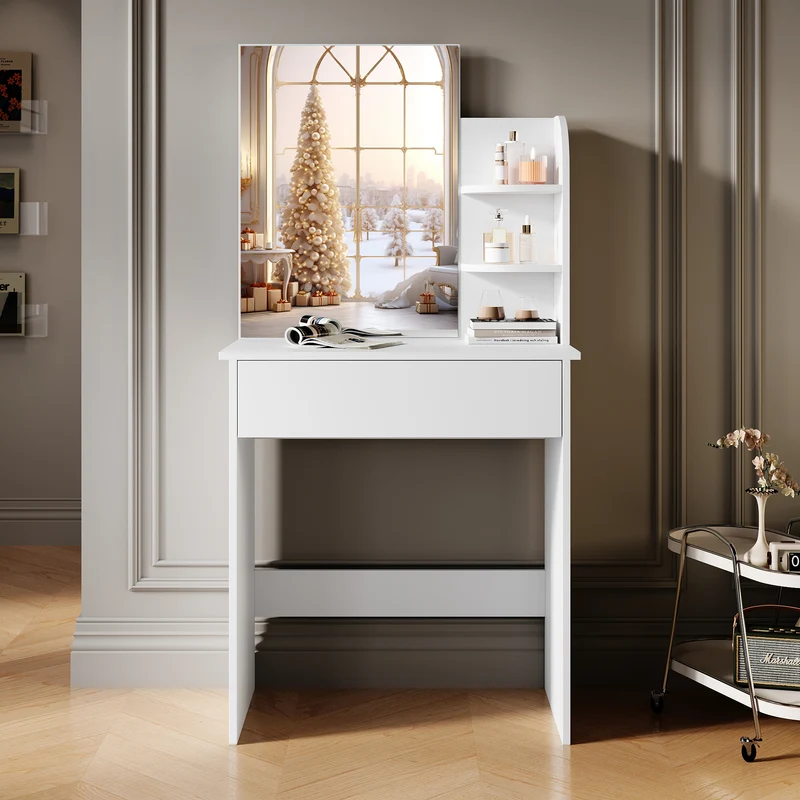 SIRHONA Coiffeuse avec Miroir, Table de Maquillage avec Grands Tiroirs et étagères de rangement, Blanc 70x40x140cm