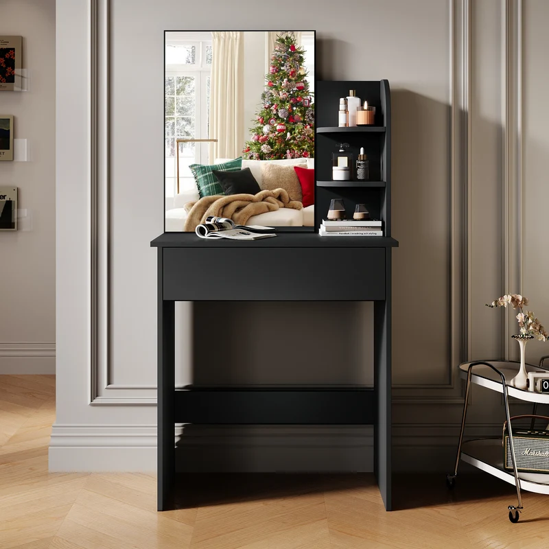 SIRHONA Coiffeuse avec Miroir, Table de Maquillage avec Grands Tiroirs et étagères de rangement, Noir 70x40x140cm