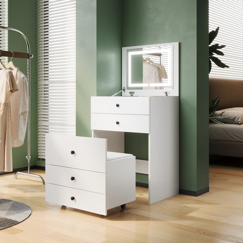 SIRHONA Coiffeuse multifonctionnelle avec chaise dissimulée et rangement divisé 59.2×42.6×127cm