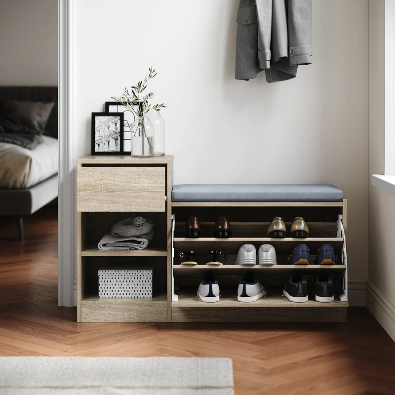 SIRHONA Banc à chaussures avec sièges, Deux compartiments ouverts, avec 1 abattant, avec tiroir, Petite armoire à chaussures 94.5x30x57cm