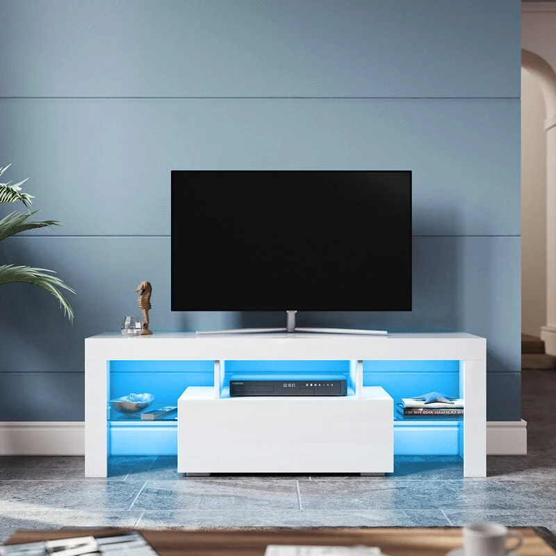 Meuble TV Bas - Lumière LED Réglable avec Télécommande Grande Capacité SIRHONA Blanc 130x35x45 cm