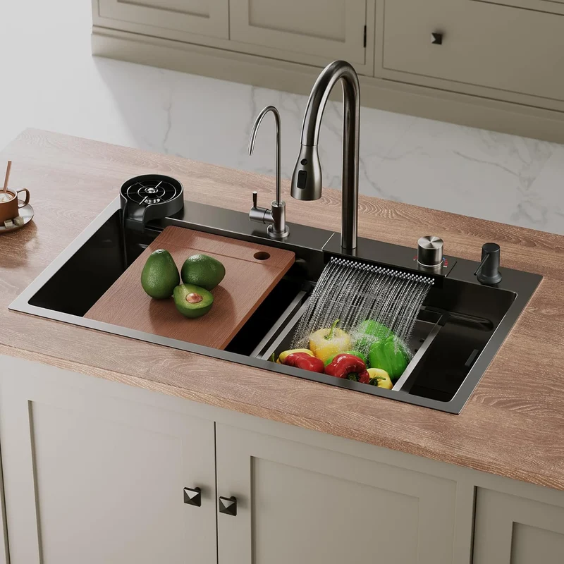 SIRHONA Évier de Cuisine Multifonctionnel Cascade Noir Avec Robinet de Poisson Volant Rétractable 75x45cm