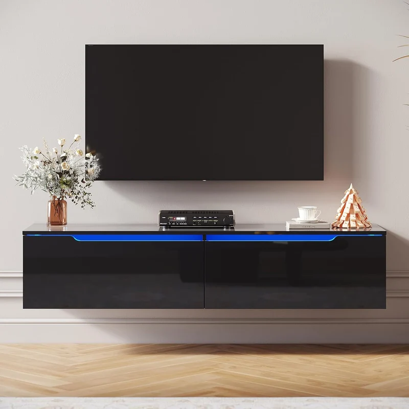 SIRHONA Tableau TV avec éclairage LED Suspendu Noir Brillant 140x35x30 cm