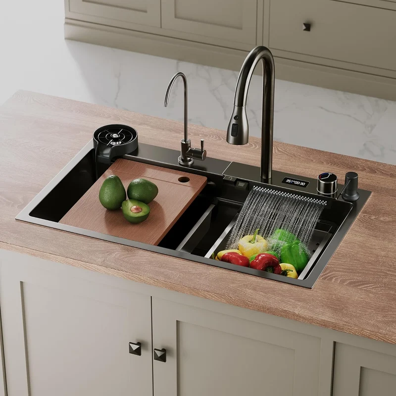 SIRHONA 1 Bac Évier de Cuisine Noir Multifonctionnel à Encastrer Avec Robinet de Poisson Volant Rétractable & Affichage de la Température 75x45cm