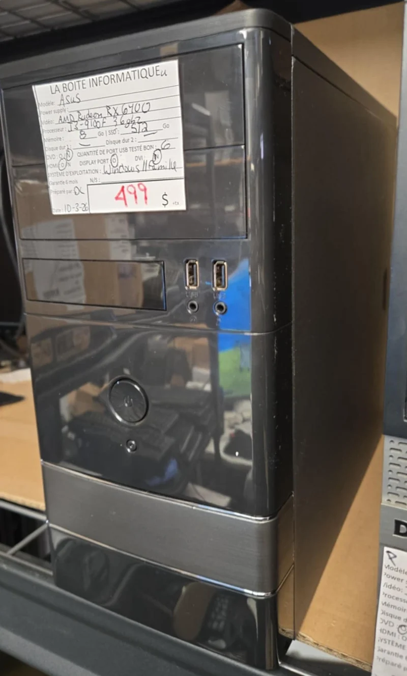 PC de bureau ASUS i3-9100F 3,6Ghz 8Go DDR4 SSD 512Go HDMI RX 6400