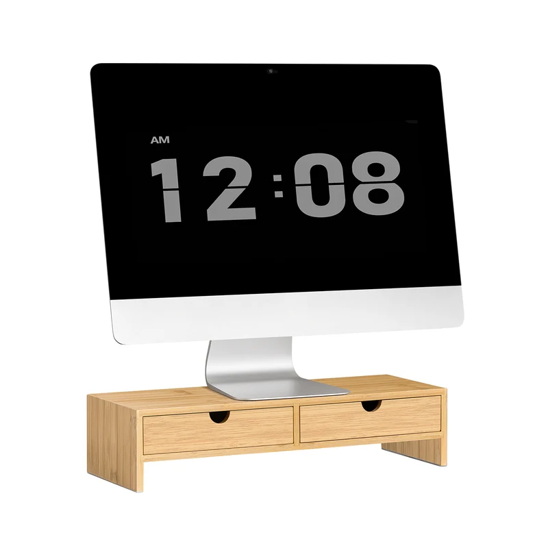 SoBuy FRG198-N Support d'écran d'ordinateur de Support de Moniteur de bambou avec 2 Tiroirs