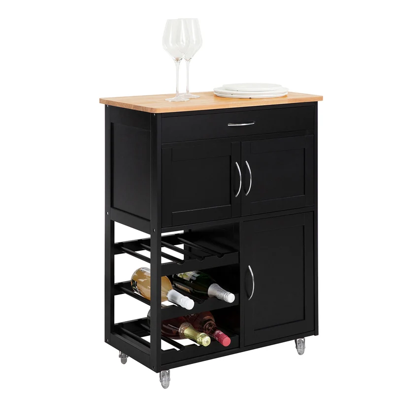 SoBuy FKW45-SCH Desserte de Cuisine sur Roulettes avec Casier à Vin – Plan de Travail Bois Massif, 1 Tiroir, 2 Portes, Noir, 67×38×86 cm