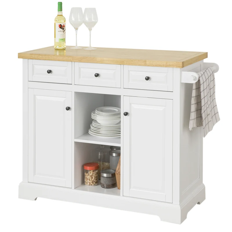 SoBuy FKW101-WN Desserte de Cuisine à Roulettes avec Plan de Travail, 3 Tiroirs, 2 Étagères et 2 Portes, Charge 50 kg – 115x46x91 cm, Blanc et Naturel