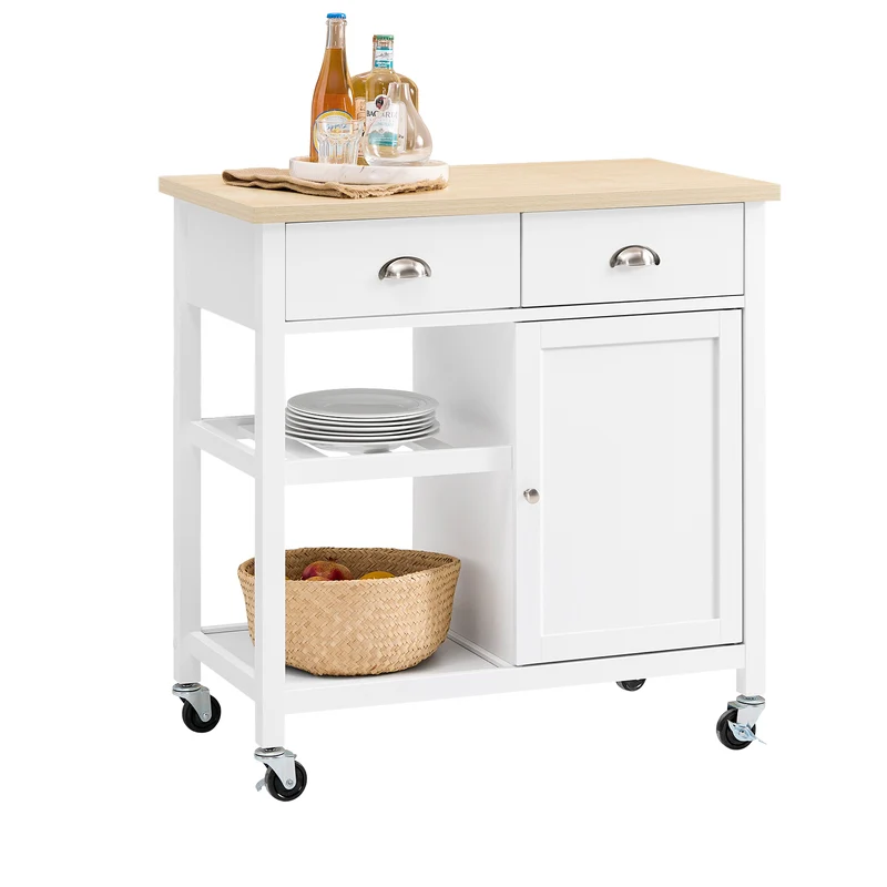 SoBuy FKW62-II-WN Desserte Cuisine avec Roulettes, 2 Tiroirs et 1 Porte, Mobile, pour Cuisine et Salle à Manger, Pratique – L87×P48×H89 cm, Blanc et Naturel