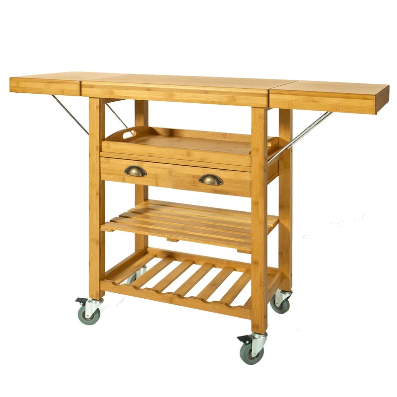 SoBuy FKW25-N Desserte Cuisine avec Roulettes, Plateau Rabattable et Tiroirs, Format Compact, Mobile, Rangement Optimisé – L135×P37×H92 cm, Bambou, Naturel