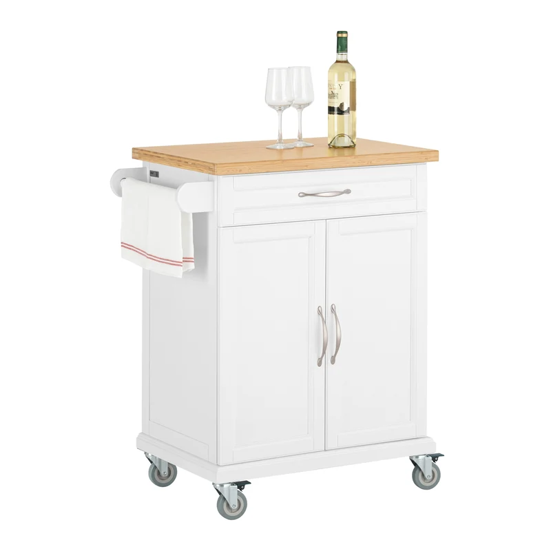 SoBuy FKW13-WN Desserte Cuisine avec Roulettes, Plateau en Bambou, 1 Tiroir et 2 Portes, Mobile, Rangement Optimisé – L66×P45×H91 cm, Bambou, Blanc et Naturel