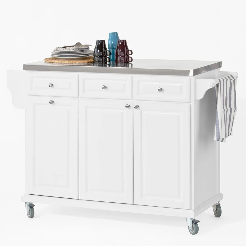 SoBuy FKW33-W Desserte de Cuisine à Roulettes XXL avec Plan de Travail INOX, 3 Tiroirs et Système de Tri des Déchets, Charge 50 kg – 133x48x95 cm, Blanc