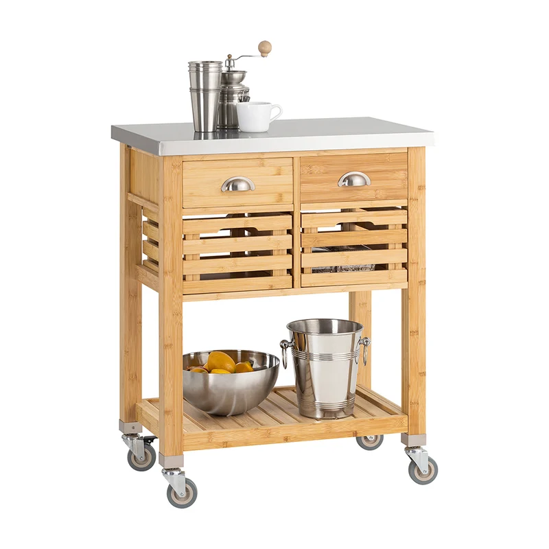 SoBuy FKW40-N Desserte de Cuisine à Roulettes en Bambou avec Plan de Travail INOX, 2 Tiroirs et 2 Paniers, Îlon Central Compact – 73x46x93 cm, Naturel