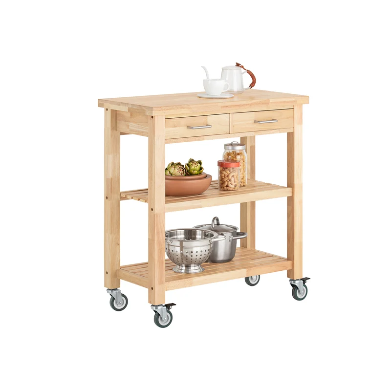 SoBuy FKW24-II-N Desserte de Cuisine sur Roulettes en Bois d'Hévéa – 2 Tiroirs, 2 Étagères, Meuble Cuisine Compact 80×40×90 cm