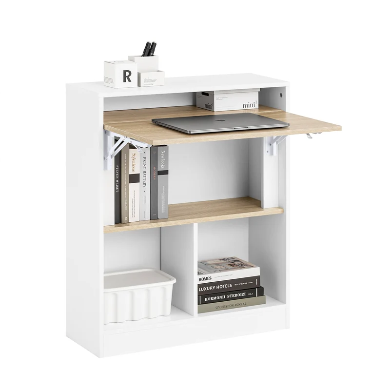 SoBuy FWT104-WN Bureau Rabattable Compact avec Rangement Intégré et Gestion des Câbles – L70×P57×H85 cm, Charge max. 81 kg, MDF, Blanc et Naturel