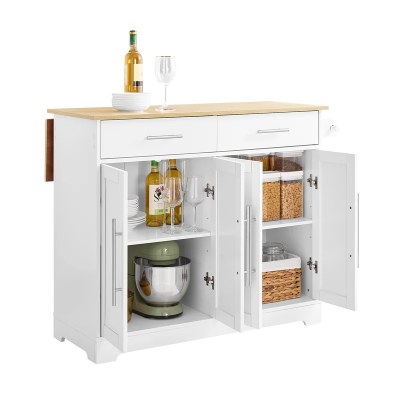 SoBuy FKW129-WN îlot Central de Cuisine sur Roulettes – Plan Extensible 44→69 cm, 2 Tiroirs, 2 Portes, Étagères Réglables – 113×91 cm, Blanc