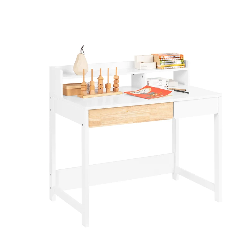 SoBuy FWT106-W Bureau Informatique, Bureau d'Ordinateur,Table d’Étude à Domicile, Table à Travaille avec 1 Étagère et 2 Tiroirs