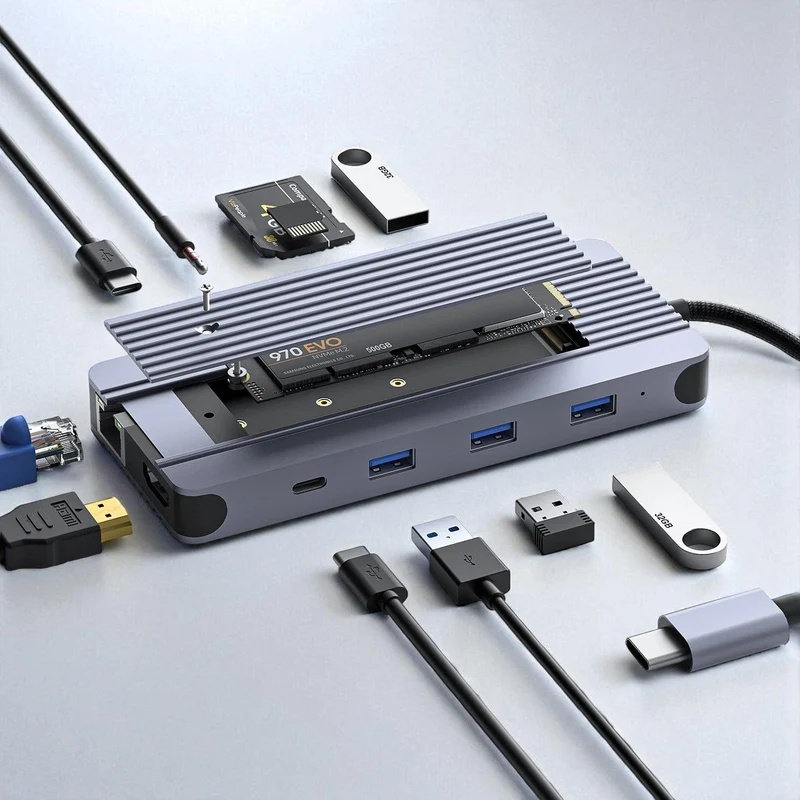 Station d’Accueil USB-C 12-en-1 avec Logement SSD M.2 | Hub Aluminium Premium 4K60Hz 10Gbps