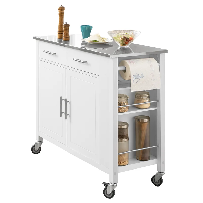 SoBuy FKW108-W Desserte Cuisine avec Plateau en Acier Inoxydable, Tiroirs et Roulettes, Usage Polyvalent, Mobile – L107×P46×H94 cm, Bois + Inox, Blanc
