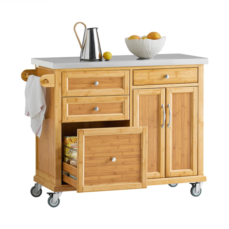 SoBuy FKW70-N Îlot Central de Cuisine sur Roulettes, Plan de Travail INOX, 4 Tiroirs, Chariot Mobile avec Rangement – 115x46x92cm, Naturel