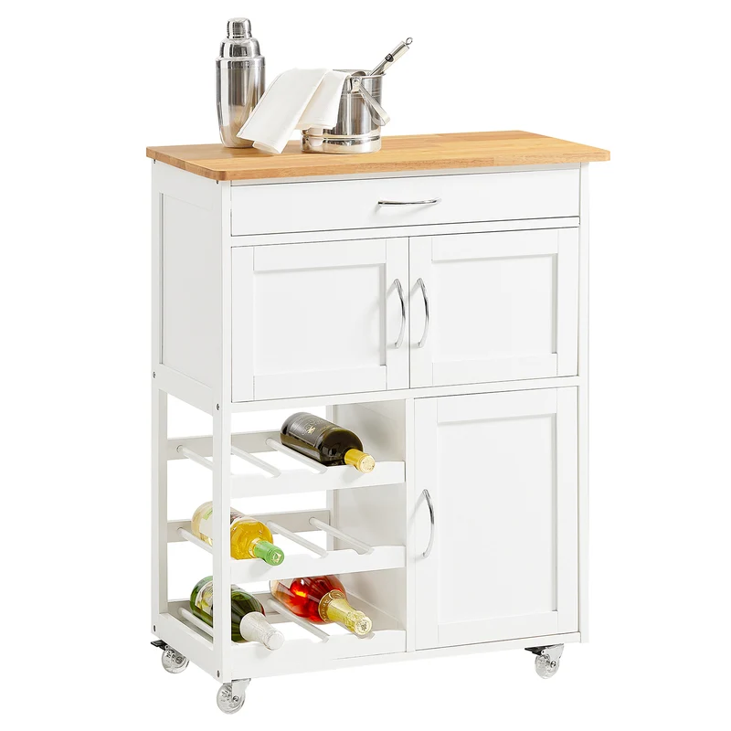 SoBuy FKW45-WN Desserte cuisine bois massif 67 cm avec plan en hévéa, tiroir et casier à vin – Blanc et naturel