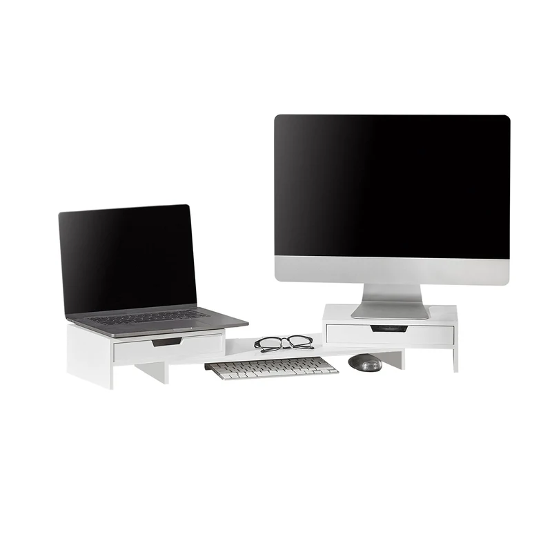 SoBuy BBF04-W Rehausseur Écran PC Bureau avec 2 Tiroirs Support Écran PC Rehausseur Ordinateur Portable Support Moniteur Réglable Blanc 60–107x22x11cm