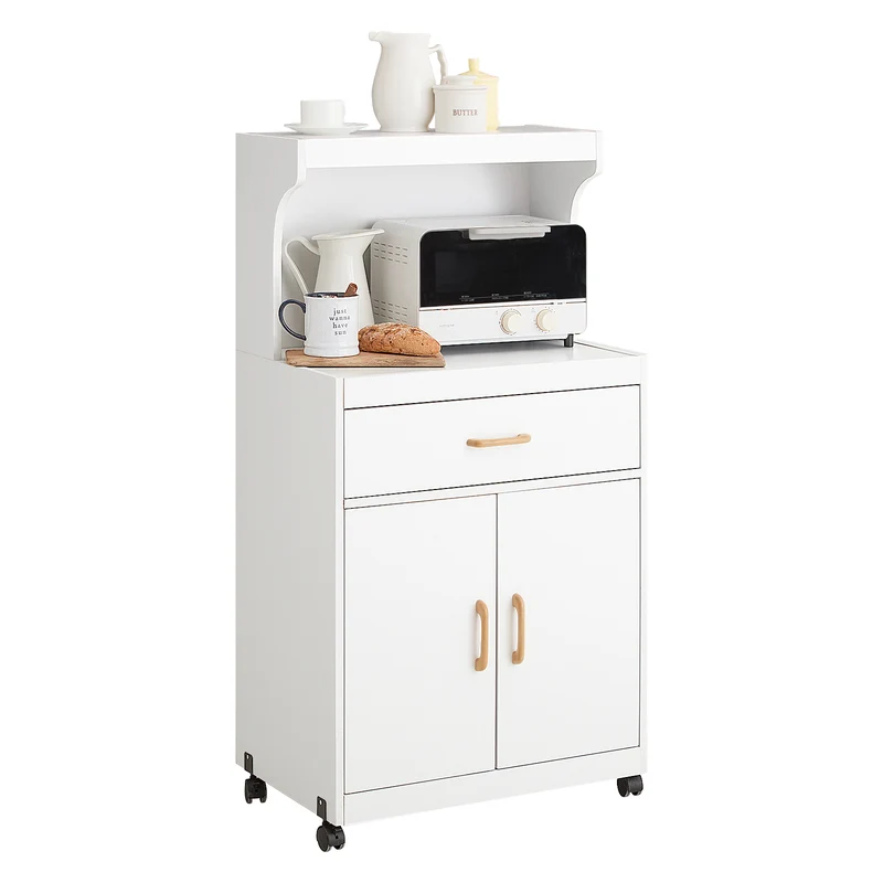 SoBuy FSB12-W Desserte Cuisine à Roulettes avec Micro-Ondes – Tiroir, 2 Portes, Poignées Bois, Blanc