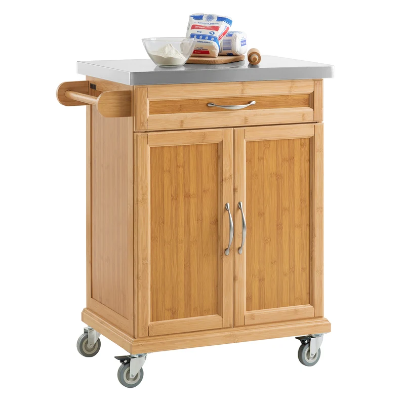 SoBuy FKW13-N Desserte de Cuisine à Roulettes en Bambou avec Plan de Travail INOX, 1 Tiroir et 2 Portes, Chariot de Service – 66x46x92 cm, Naturel